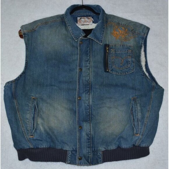 Indigo Red Denim Men's Vest Size 3XL Blue Sherpa Lined Embroidered Cotton Peace - Picture 1 of 16